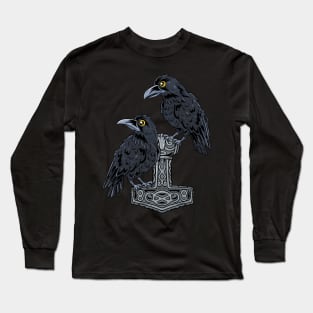 Viking Crows: Cute Ravens perching on Thor's Hammer Long Sleeve T-Shirt